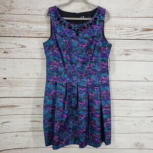 Leslie Fay New Women's Floral Pleated Detail Embellished Sleeveless Dress 16